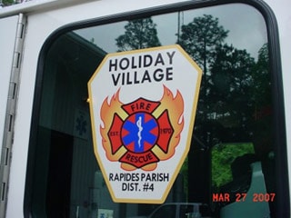 Holiday Village Fire Rescue, Rapides Parish Decal on Fire Engine Window